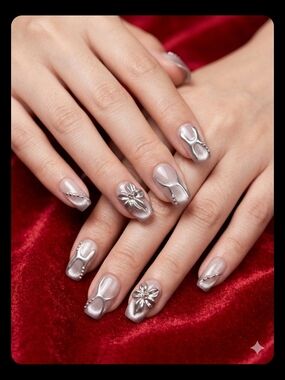 Silver  homemade 3D Floral Nail Art Set - Women Makeup